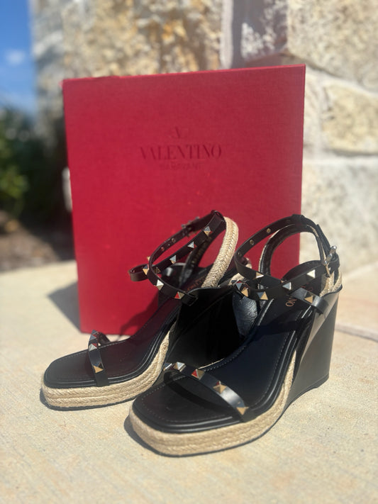 Valentino Size 39 Black Espadrille Wedges