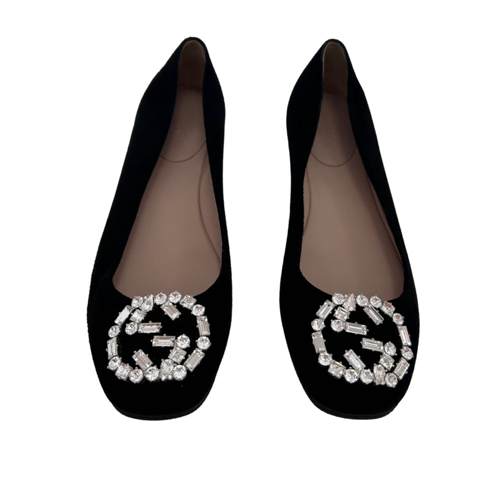 Gucci Size 36.5 Black Ballet Flats with GG Rhinestone