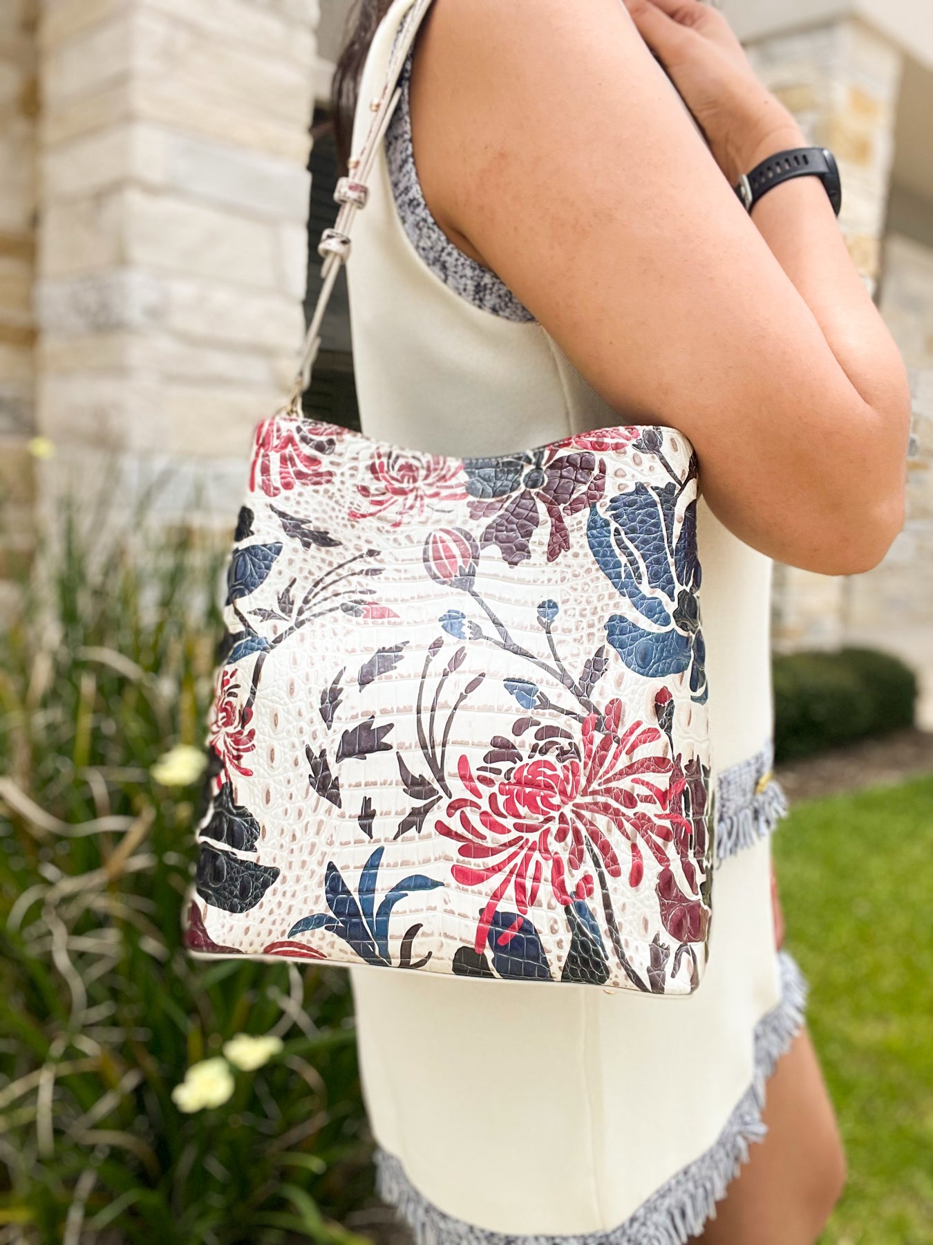 Brahmin White Floral Bucket Bag