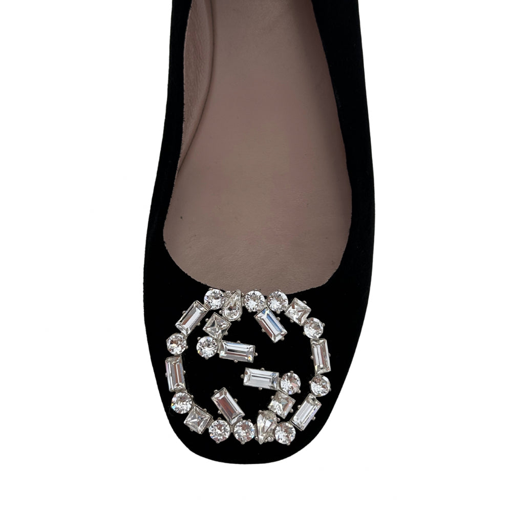 Gucci Size 36.5 Black Ballet Flats with GG Rhinestone